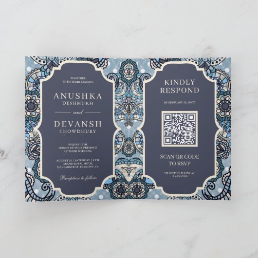 Blue Paisley Pattern QR Code Indian Wedding (Binnen)