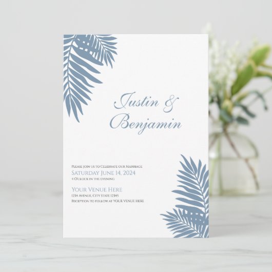 Blue Palm Faire-part de mariage tropicale 5 X 7 (Debout devant)