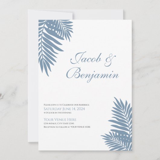 Blue Palm Leaves Celebration Invitation Kaart (Voorkant)