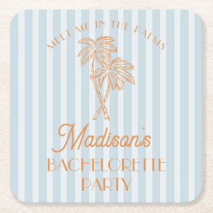 Blue Palm Spring Pastel Beach vrijgezellenfeest Vierkante Kartonnen Onderzetter
