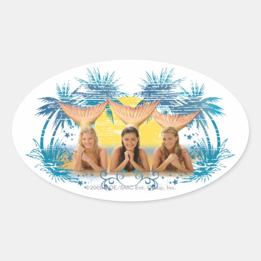 Blue Palm Tree Graphic Group Ovale Sticker (Voorkant)