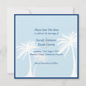 Blue Palm Tree Wedding Save the Date (Achterkant)