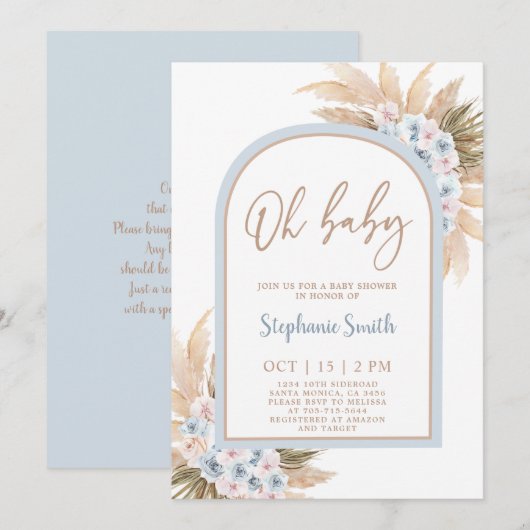 Blue Pampas Grass Arch Baby shower Boy Uitnodiging (Voorkant / Achterkant)