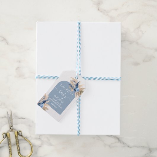Blue Pampas Grass Baby shower Boy Gift Label Cadeaulabel (Met Touw)