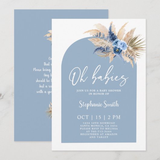 Blue Pampas Grass Baby shower Twin Boys Invitation (Devant / Derrière)