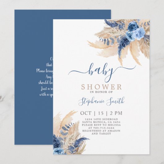 Blue Pampas Grass Boho Chic Baby shower Invitation Kaart (Voorkant / Achterkant)