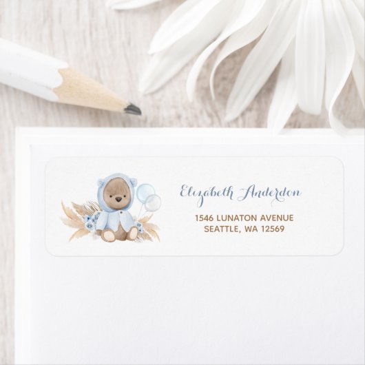 Blue Pampas Grass Boho Teddy Bear Adresetiketten Etiket (Insitu)