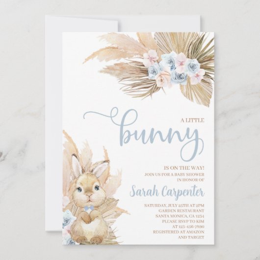 Blue Pampas Grass Boy Bunny Baby shower Invitation (Devant)