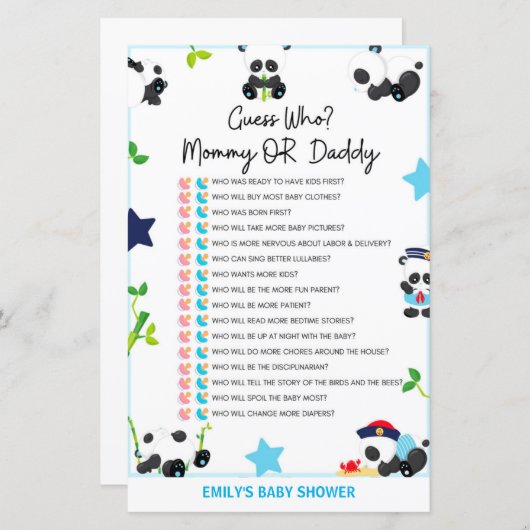 Blue Panda Baby shower Game (Voorkant / Achterkant)
