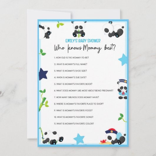 Blue Panda Baby shower Taille du jeu Invitation (Devant)