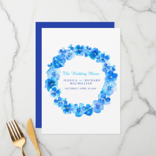Blue pansement art fleur wreath art menu mariage (Devant/Arrière en situation)