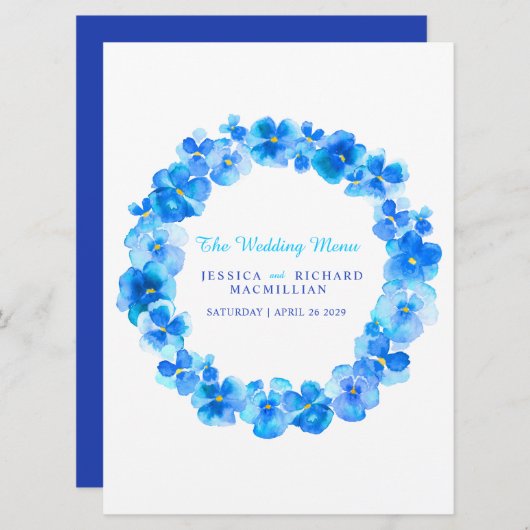Blue pansement art fleur wreath art menu mariage (Devant / Derrière)