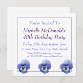 Blue Pansy Birthday Invitation Kaart (Voorkant / Achterkant)