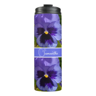 Blue Pansy Flower Floral Pattern Womans Name Thermosbeker