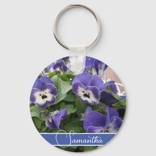Blue Pansy Flower Floral Womans Name Key Ring Sleutelhanger (Voorkant)
