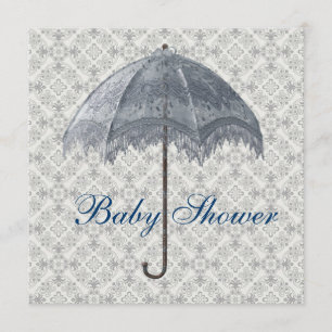 Blue Parasol Damask Baby Boy Shower Kaart