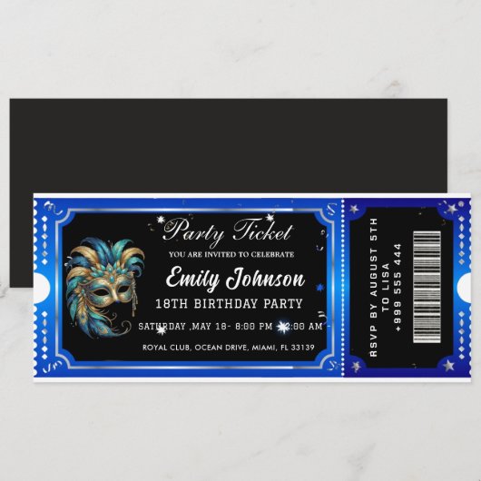  blue party ticket invitations  (Devant / Derrière)