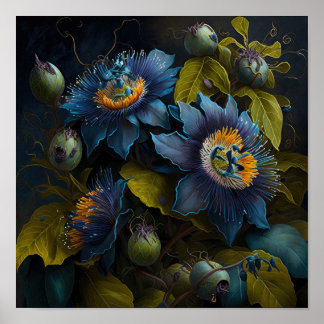 Blue Passion Flowers Art Imprimer Poster