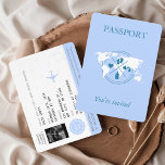 Blue Passport Travel Boy Baby shower Carte du mond<br><div class="desc">Jeter un baby shower sur le thème du voyage pour un bébé ? Cette invitation ressemble à un passeport bleu pastel, avec un bébé échographie à l'intérieur et tous les détails importants. Il peut être personnalisé comme vous le souhaitez. S'il vous plaît, envoyez-moi un message si vous avez besoin d'une...</div>