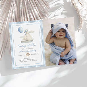 Blue Pastel Nautical Sail Boat 1st Birthday Foto Kaart