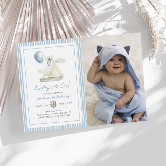 Blue Pastel Nautical Sail Boat 1st Birthday Foto Kaart