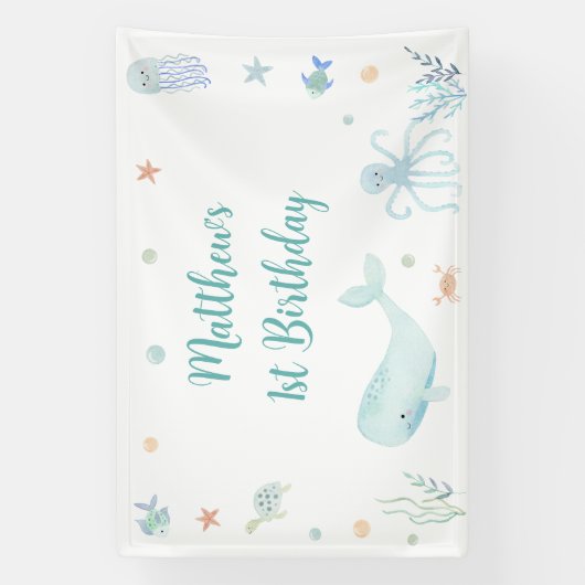 Blue Pastel Onder het Zee Verjaardag Spandoek (Verticaal)