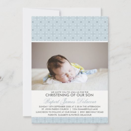 Blue Pattern Photo Christening Invitation Kaart (Voorkant)