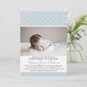 Blue Pattern Photo Christening Invitation Kaart (Staand voorkant)