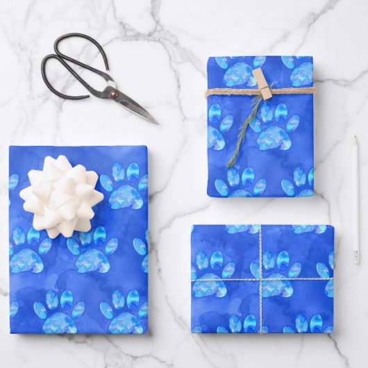Blue Paw Print Aangepaste Waterverf Inpakpapier Vel (Voorkant)