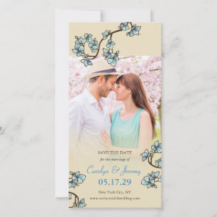 Blue Peach bloesems Asian Save the Date Photo Card