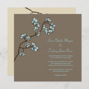 Blue Peach Blossom Sakura Asian Wedding Invite Kaart
