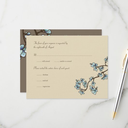 Blue Peach Blossom Sakura Asian Wedding RSVP Card (Voorkant / Achterkant in situ)