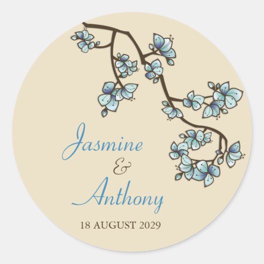 Blue Peach Blossom Sakura Modern Asian Wedding Ronde Sticker (Voorkant)