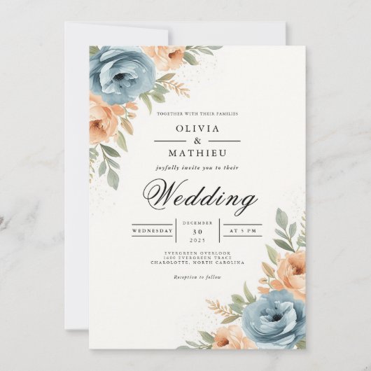 Blue Peach Botanical Archway Wedding Kaart (Voorkant)