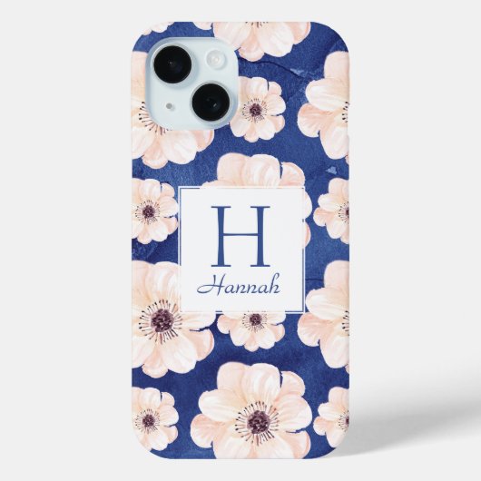  Blue Peach Floral Pattern Monogram Case-Mate iPhone Case (Achterkant)