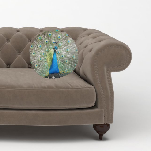 Blue Peacock Feather Plumage Rond Kussen (In Situ Sofa)