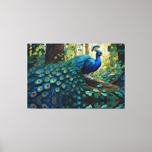 Blue Peacock in het bos Canvas Afdruk