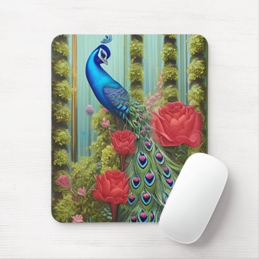 Blue Peacock in Roos en Fern Garden Muismat (Met muis)