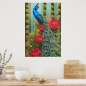 Blue Peacock in Roos en Fern Garden Poster (Keuken)