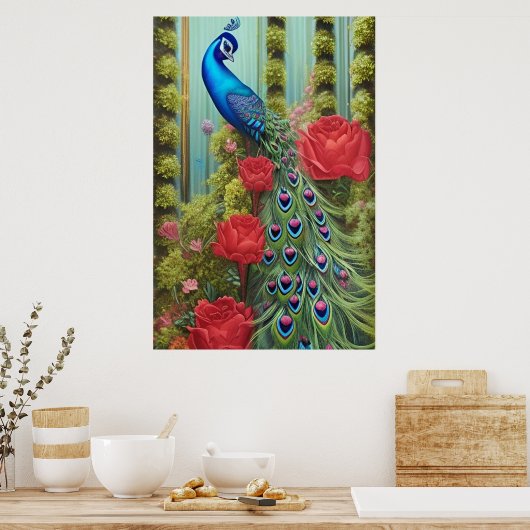 Blue Peacock in Roos en Fern Garden Poster (Keuken)