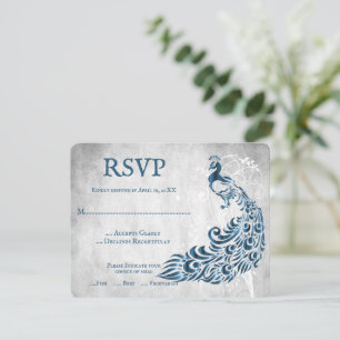 Blue Peacock Leaf Vine Wedding RSVP Kaart