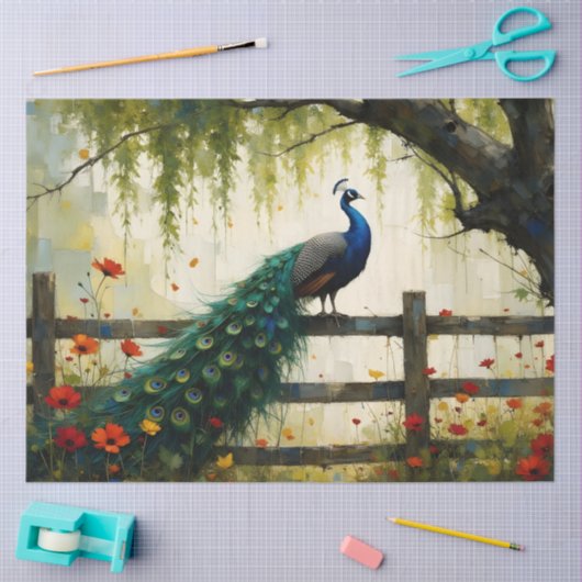 Blue Peacock on Split rail fence Tissuepapier (Craft)