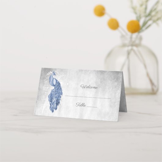 Blue Peacock Reception Place Card (Voorkant)