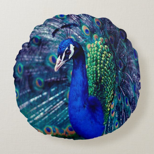 Blue Peacock Rond Kussen (Voorkant)