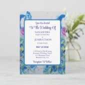 Blue Peacock Waterverf Flower Wedding Invitation Kaart (Staand voorkant)