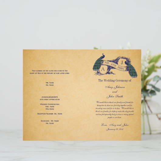 Blue Peacocks Programme de mariage vintage (Debout devant)