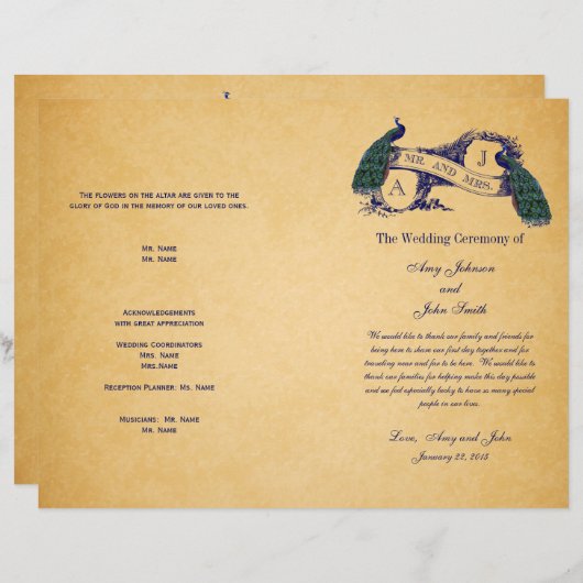 Blue Peacocks Programme de mariage vintage (Devant / Derrière)