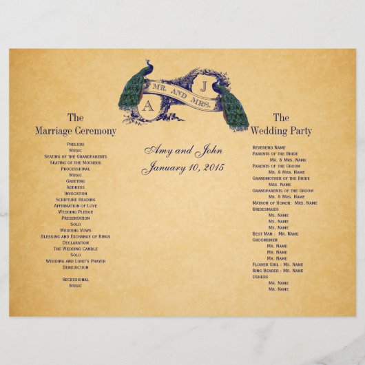 Blue Peacocks Programme de mariage vintage (Dos)