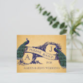 Blue Peacocks Vintage bruiloft RSVP Briefkaart (Staand voorkant)