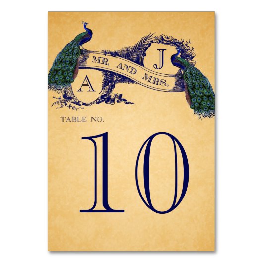 Blue Peacocks Vintage Trouwtafel Nummer Kaart (Voorkant)